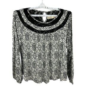 Faded Glory Womens Size XL Black & White Lace Floral Print Blouse